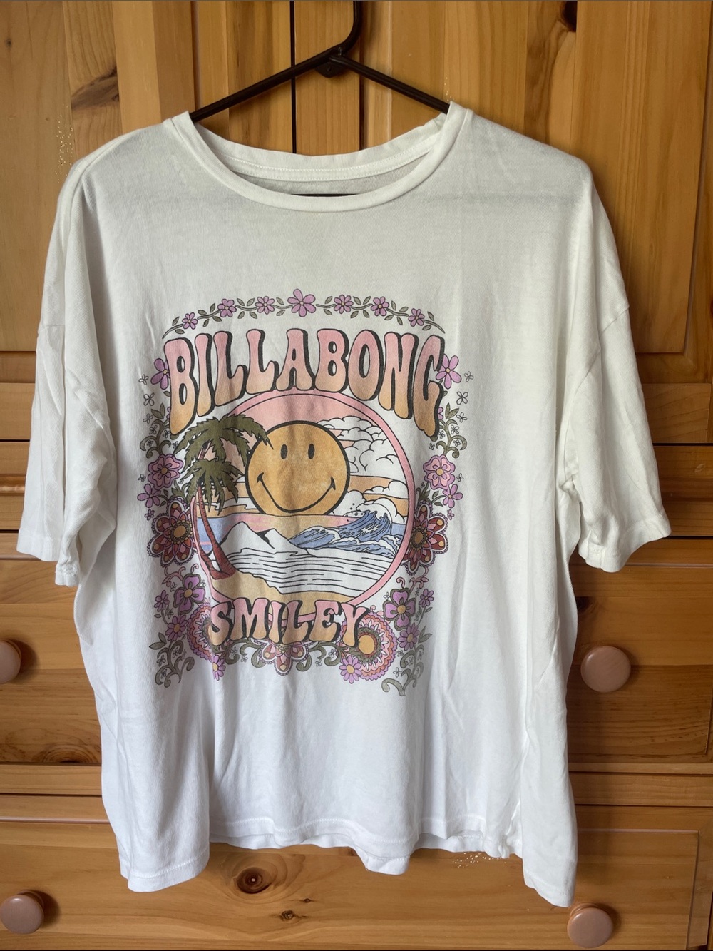 Billabong White Smiley Tee with Pink and Peach Pastel  beach and floral Graphic